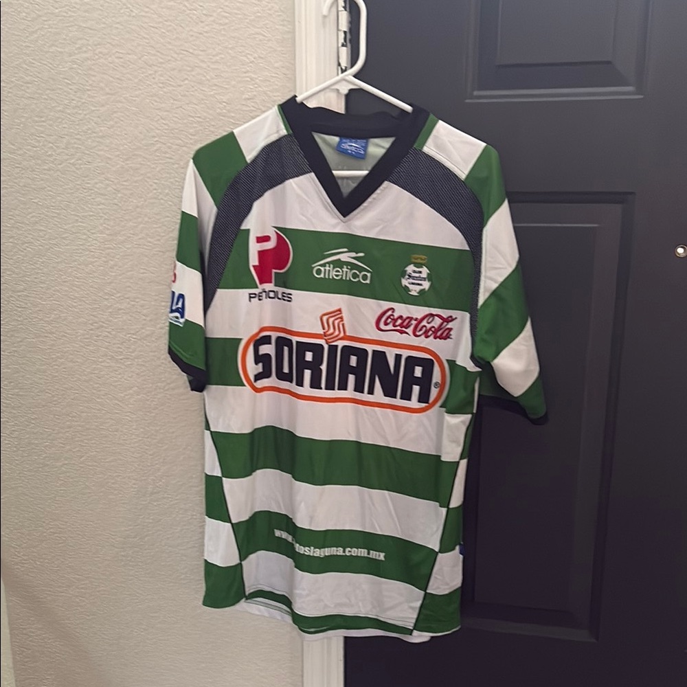 Green and White Santos Soccer Jersey.